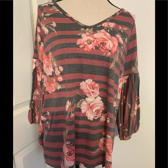 Mauve Pink Floral Stripe Print Slub Shoulders Top - Picture 3 of 9